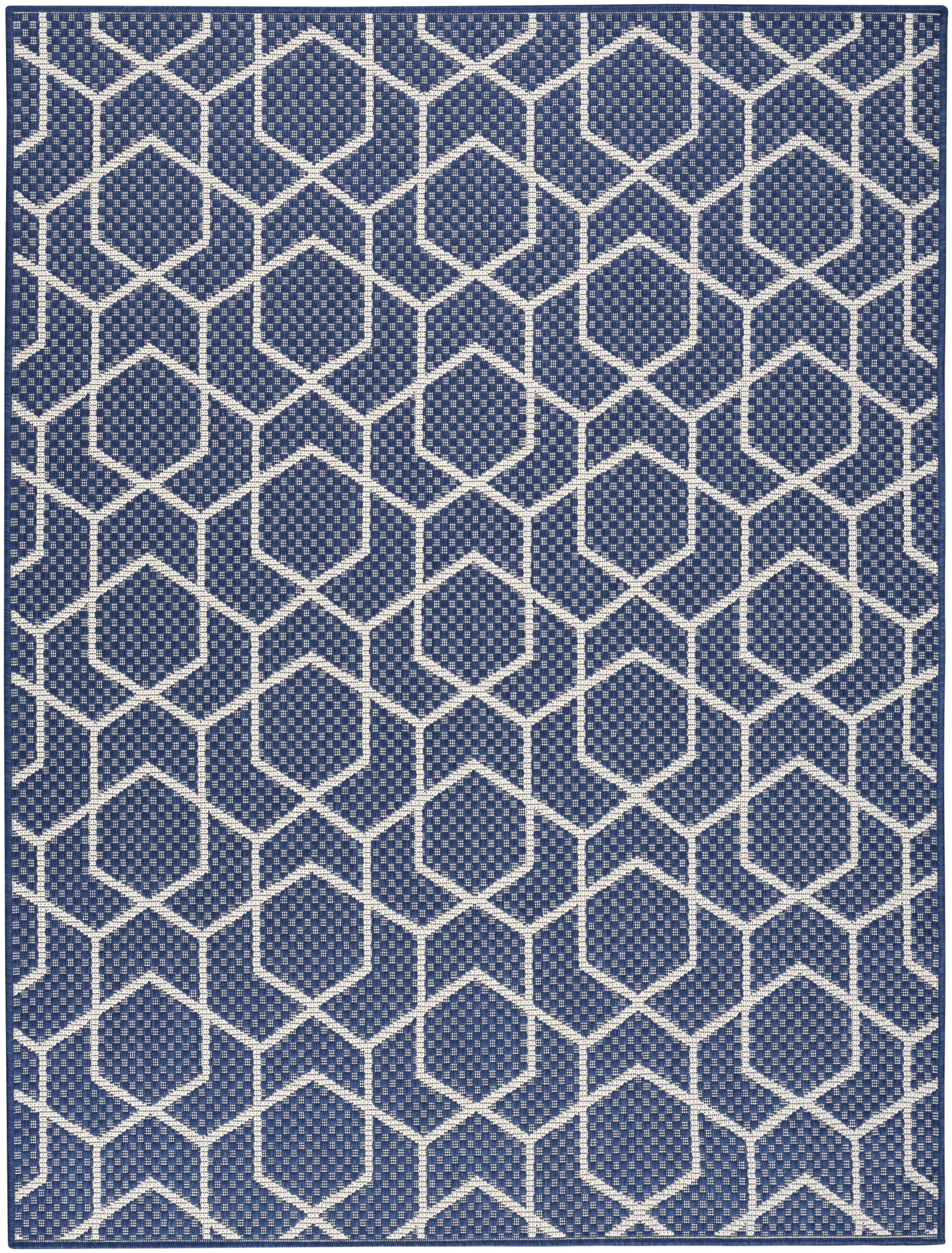 Blue rug with white hexagon lattice pattern, woven texture, modern geometric decor for living room.
