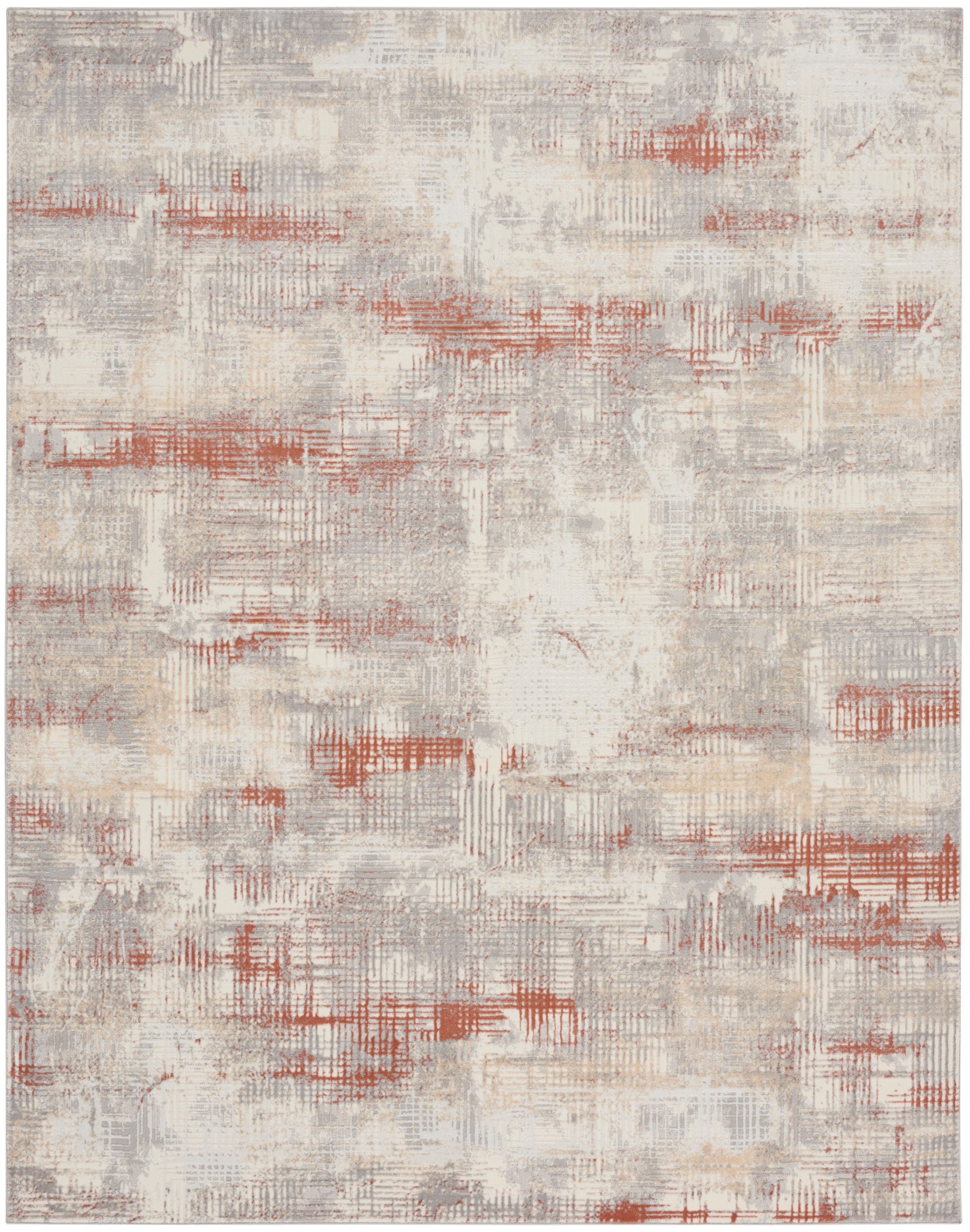 Abstract beige area rug with gray & rust orange brushstroke blocks in a soft, textured geometric pattern.