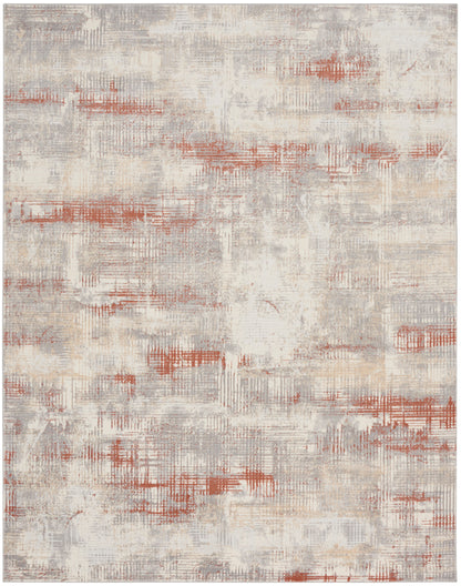 Abstract beige area rug with gray & rust orange brushstroke blocks in a soft, textured geometric pattern.