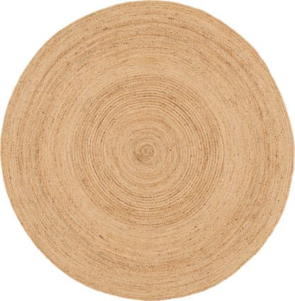 Natural beige round jute rug with concentric woven rings, farmhouse style.