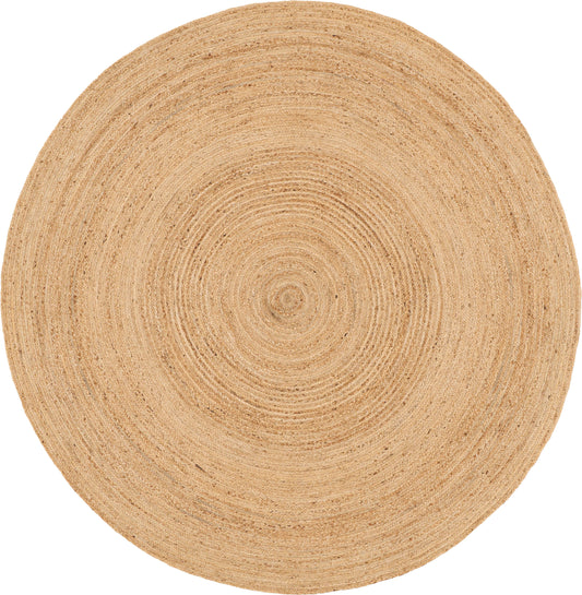 Natural beige round jute rug with concentric woven rings, farmhouse style.