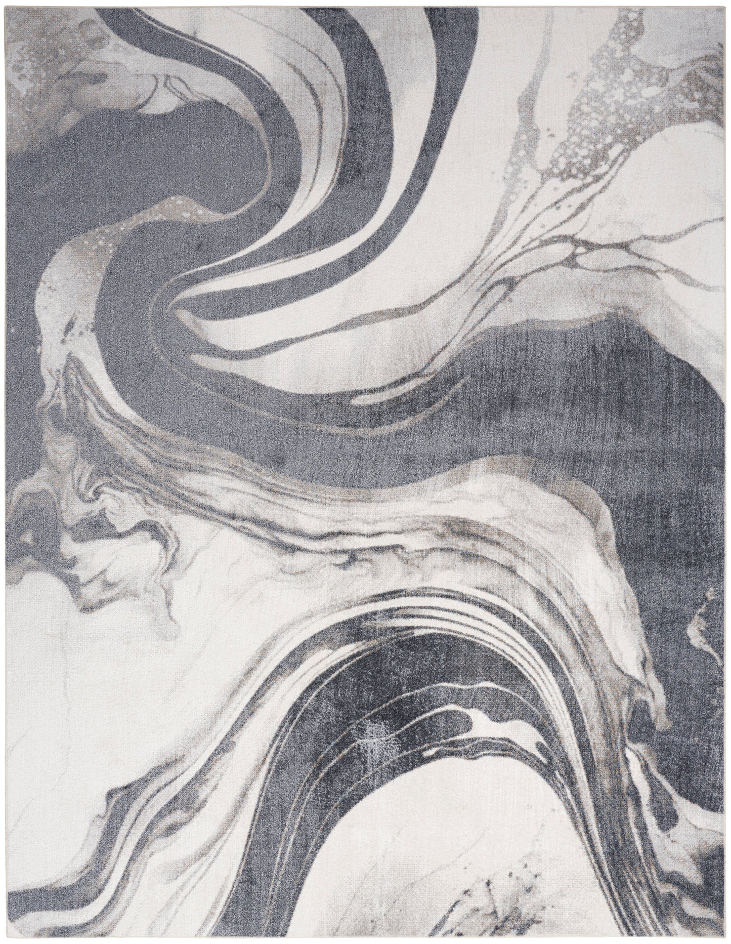 Abstract marble-pattern rug in grey, charcoal, and white; flowing swirls for modern living spaces.
