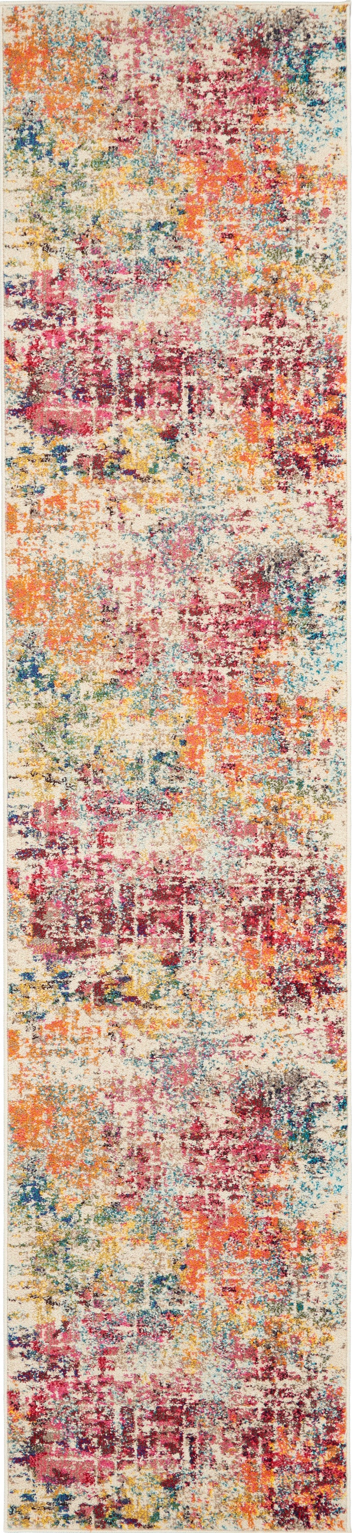 Rectangular runner rug with a distressed abstract pattern in pink, orange, teal, yellow and beige.