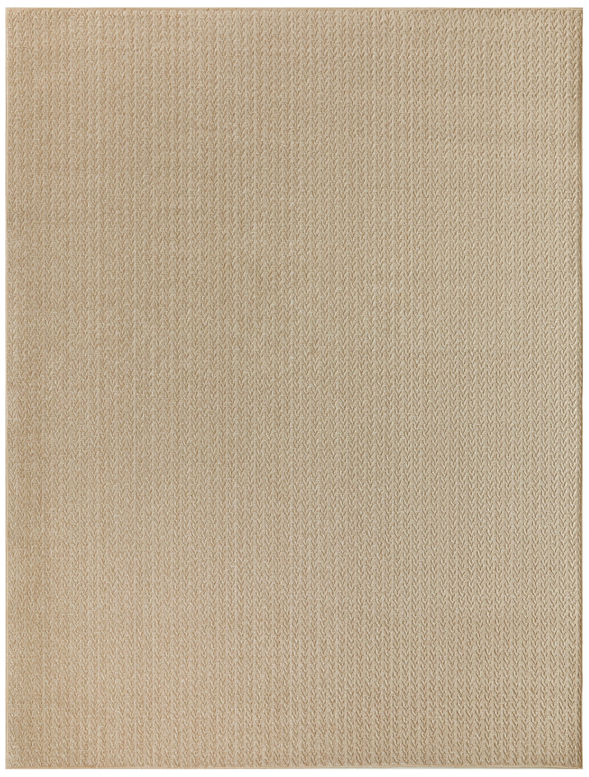 Beige-gold rectangular outdoor rug with a subtle herringbone weave; soft, versatile floor decor.