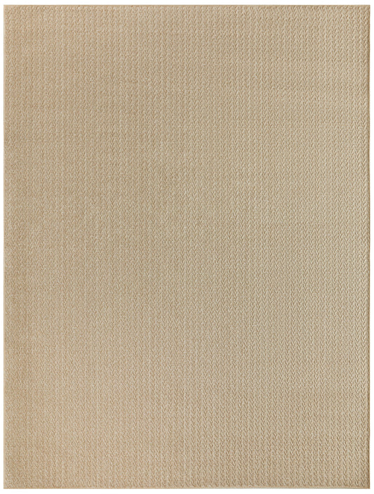 Beige-gold rectangular outdoor rug with a subtle herringbone weave; soft, versatile floor decor.