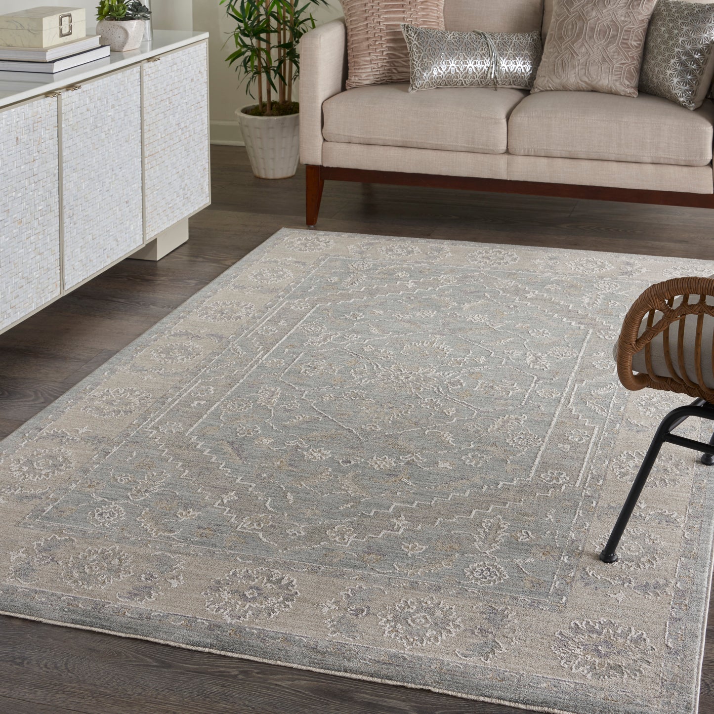 Light gray ornate area rug with medallion border on dark wood floor; beige sofa with metallic cushions, white cabinet, plant.