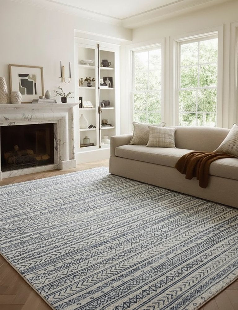 8' X 11' Navy Blue Decorative Stripes Area Rug