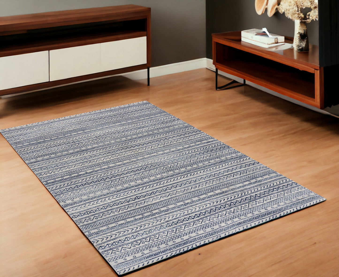 8' X 11' Navy Blue Decorative Stripes Area Rug