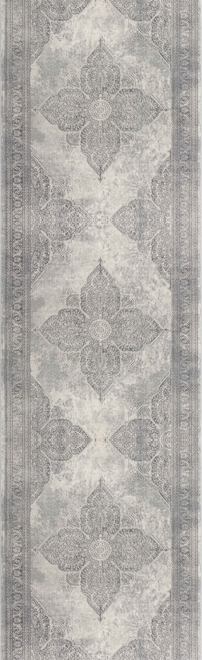 2' X 10' Gray Distressed Medallion Runner Rug