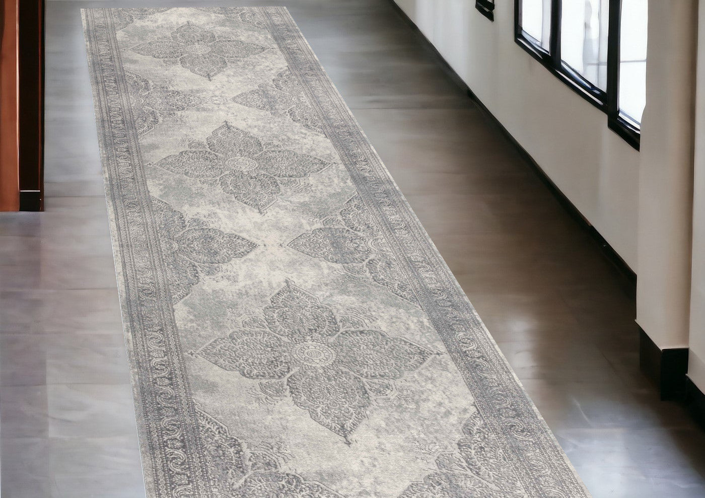 2' X 10' Gray Distressed Medallion Runner Rug