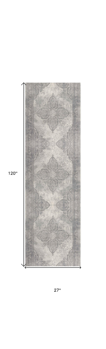 2' X 10' Gray Distressed Medallion Runner Rug