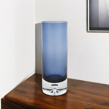 11" Blue And Clear Cylinder Crystal Glass Table Vase