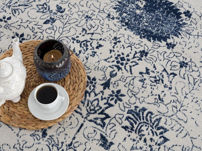 5' X 8' Navy Blue Distressed Floral Area Rug
