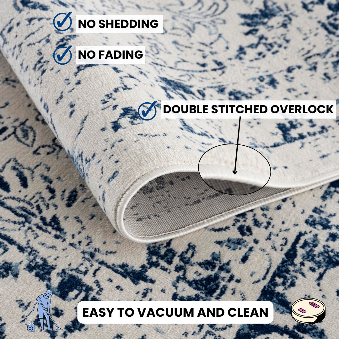 8' X 11' Navy Blue Distressed Floral Area Rug