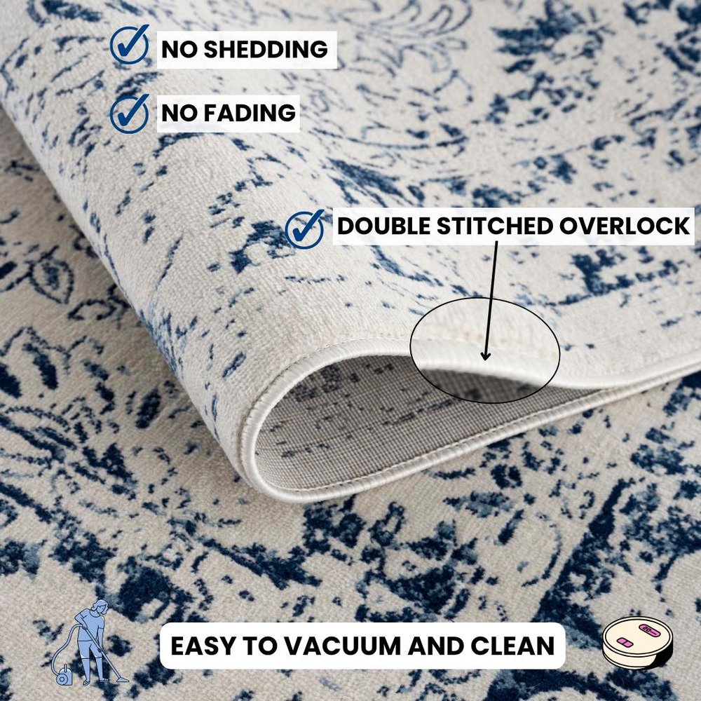 5' X 8' Navy Blue Distressed Floral Area Rug