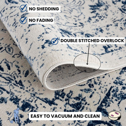 8' X 11' Navy Blue Distressed Floral Area Rug