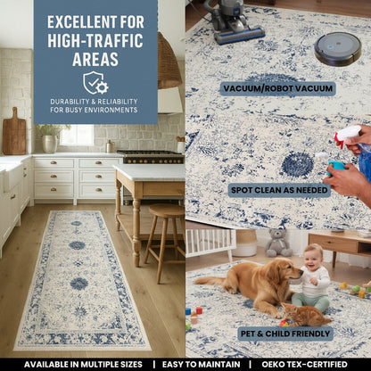 8' X 11' Navy Blue Distressed Floral Area Rug
