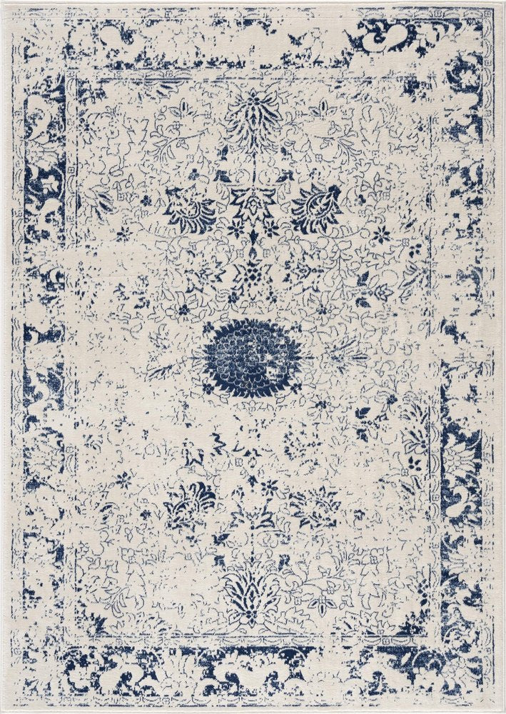 8' X 11' Navy Blue Distressed Floral Area Rug