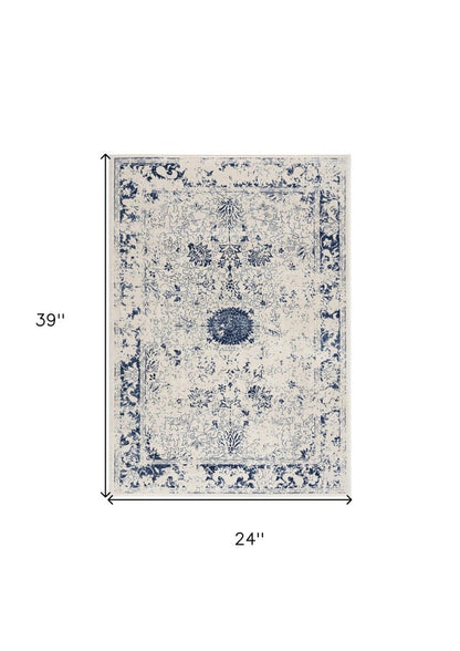 5' X 8' Navy Blue Distressed Floral Area Rug