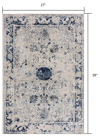 2' X 5' Navy Blue Distressed Floral Area Rug