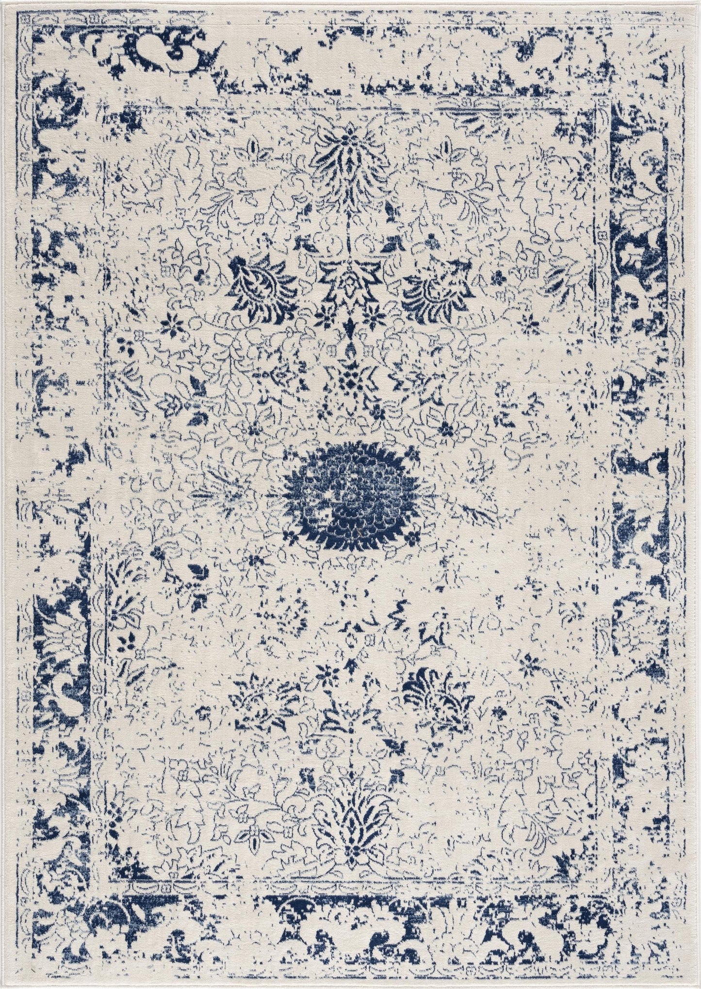 2' X 5' Navy Blue Distressed Floral Area Rug