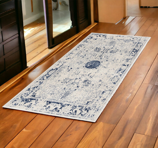 5' X 8' Navy Blue Distressed Floral Area Rug