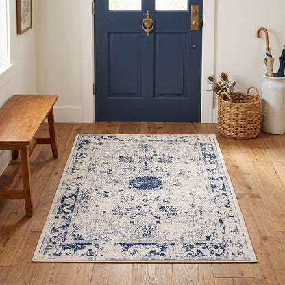 2' X 5' Navy Blue Distressed Floral Area Rug
