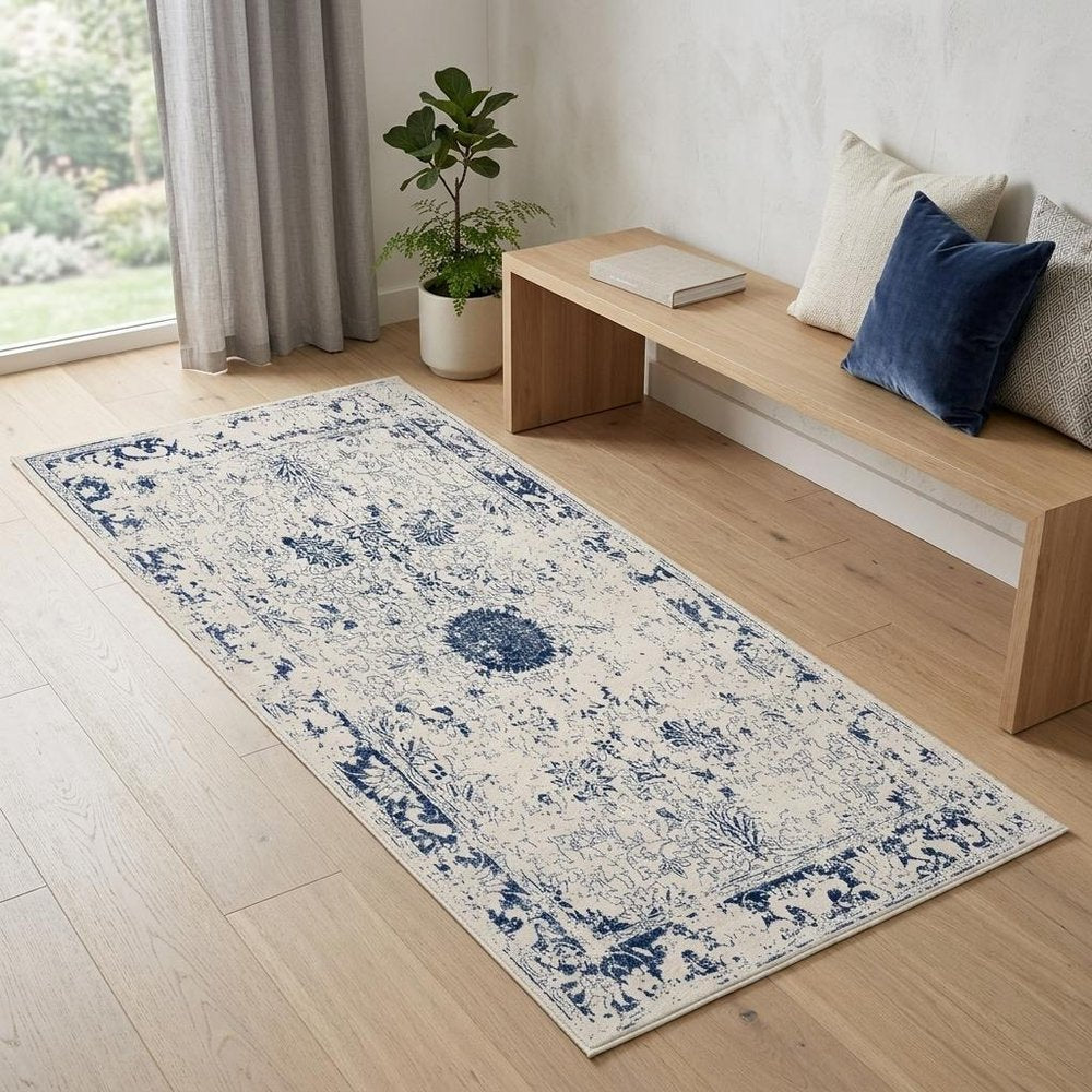 5' X 8' Navy Blue Distressed Floral Area Rug