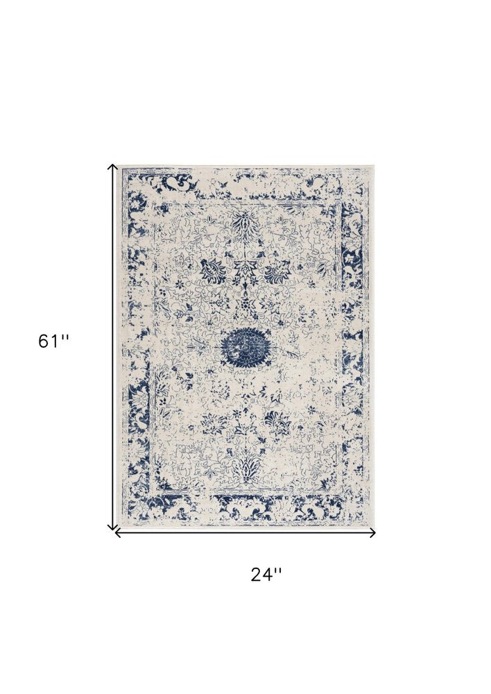 5' X 8' Navy Blue Distressed Floral Area Rug