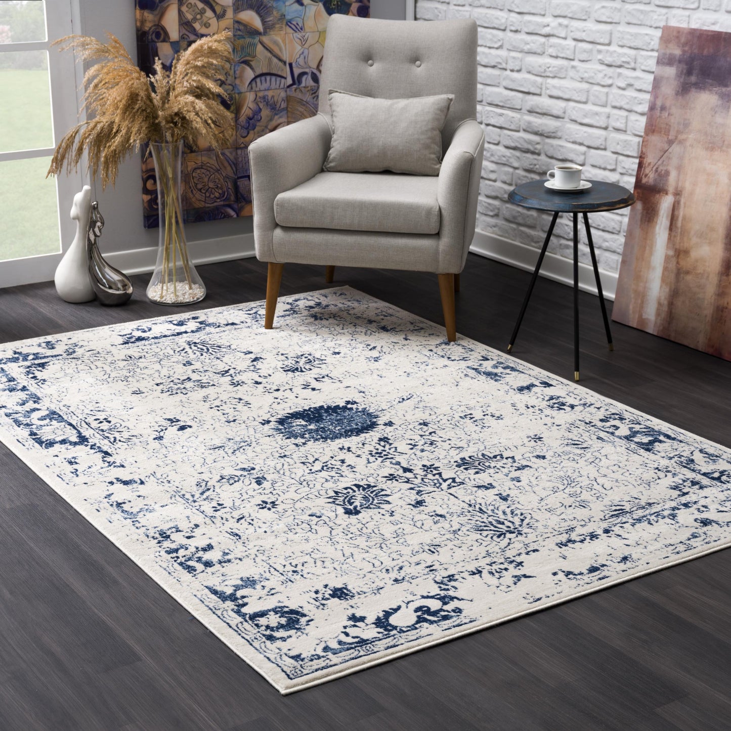 2' X 5' Navy Blue Distressed Floral Area Rug