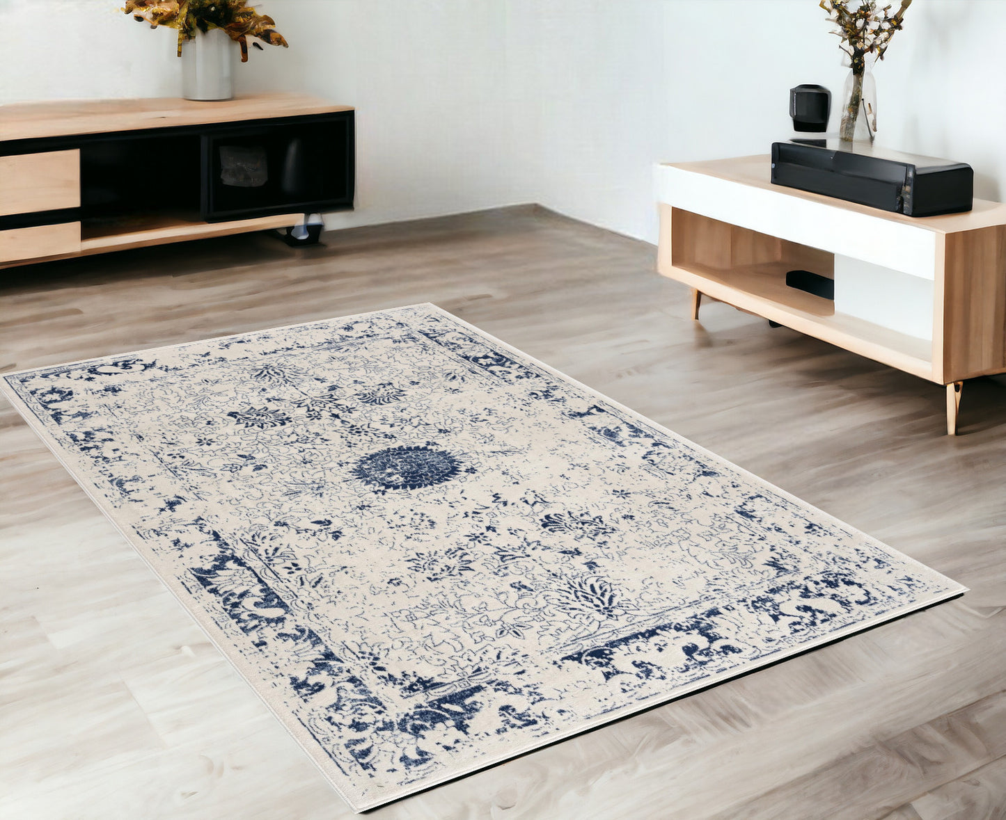 4' X 6' Navy Blue Distressed Floral Area Rug