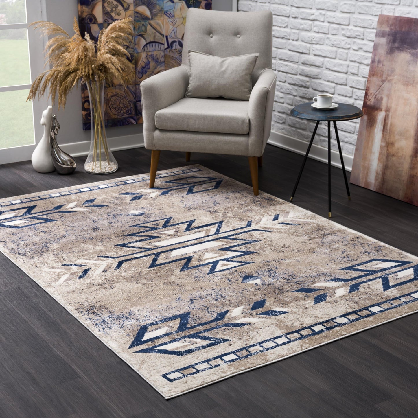 2' X 3' Beige And Blue Boho Chic Scatter Rug