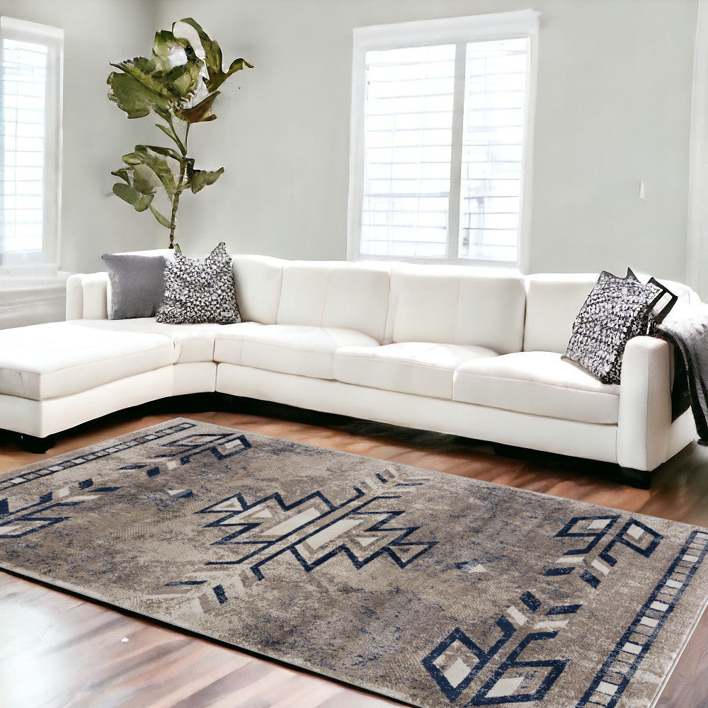 2' X 3' Beige And Blue Boho Chic Scatter Rug