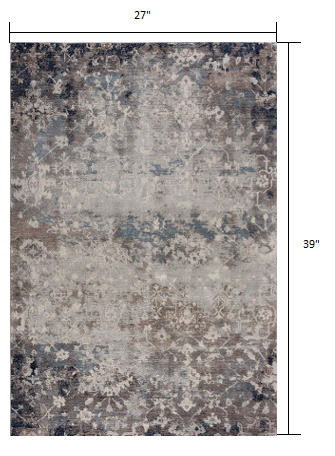 2' X 5' Navy And Beige Distressed Vines Area Rug