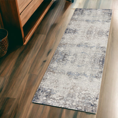 2' X 5' Navy And Beige Distressed Vines Area Rug