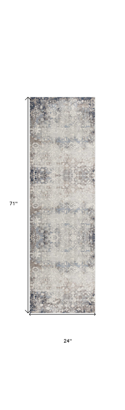 2' X 5' Navy And Beige Distressed Vines Area Rug