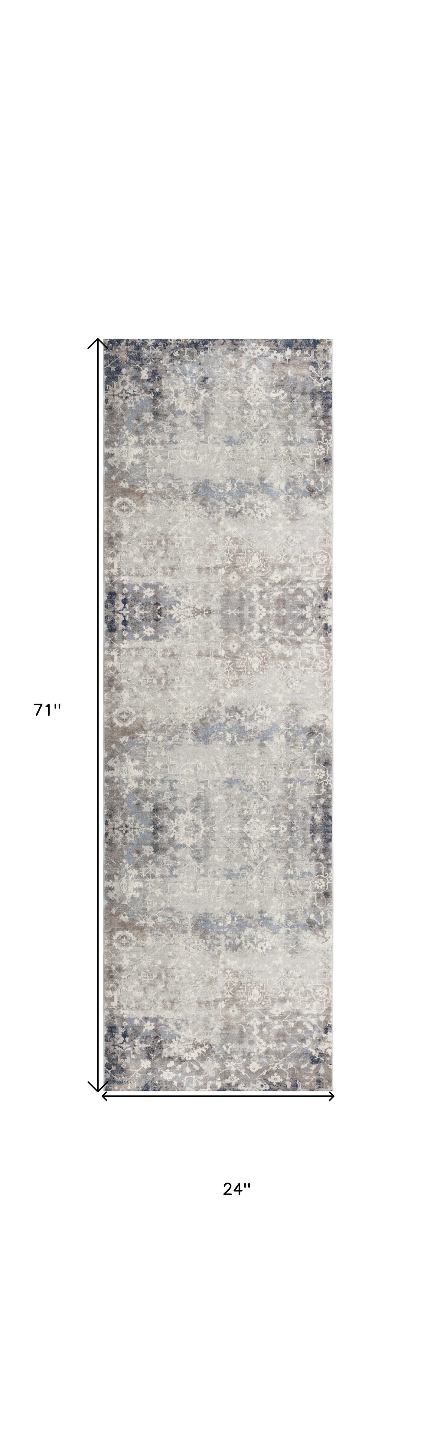 2' X 8' Navy And Beige Distressed Vines Runner Rug