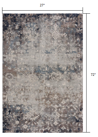 2' X 5' Navy And Beige Distressed Vines Area Rug