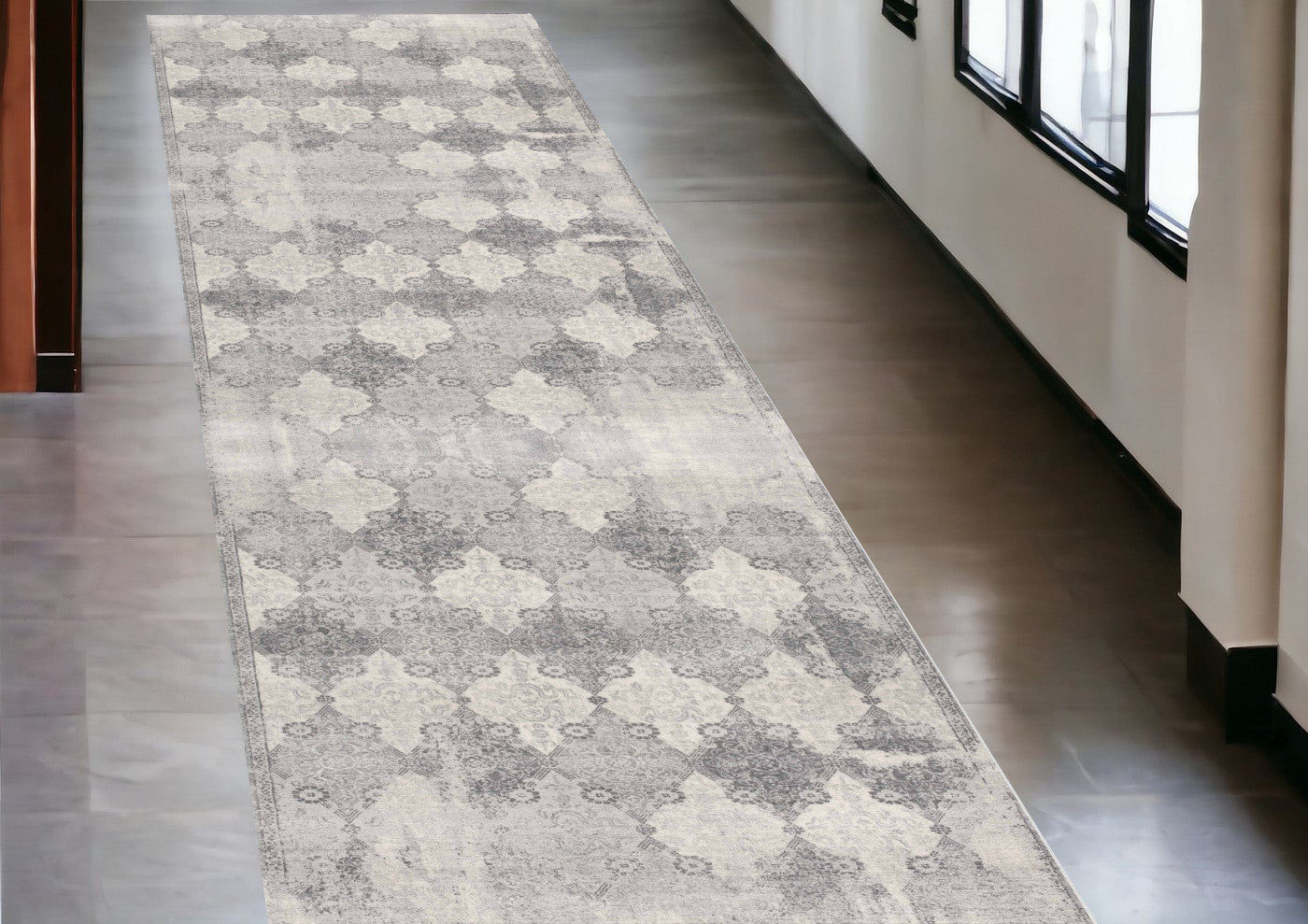 2' X 8' Gray Distressed Trellis Pattern Runner Rug