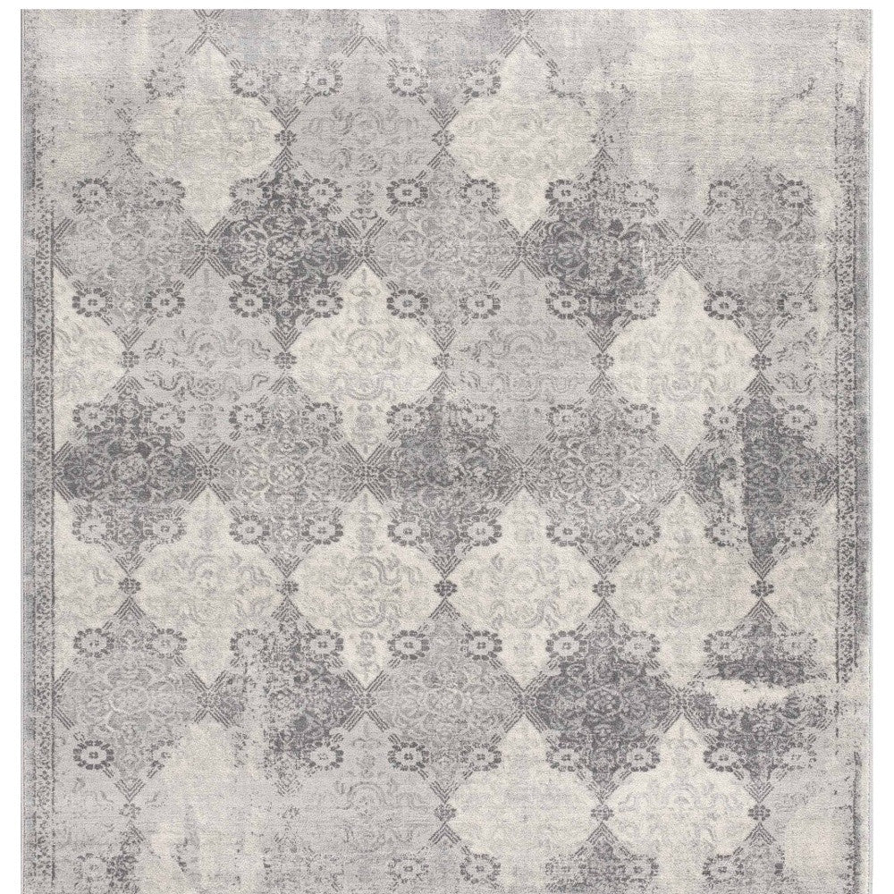 2' X 8' Gray Distressed Trellis Pattern Runner Rug