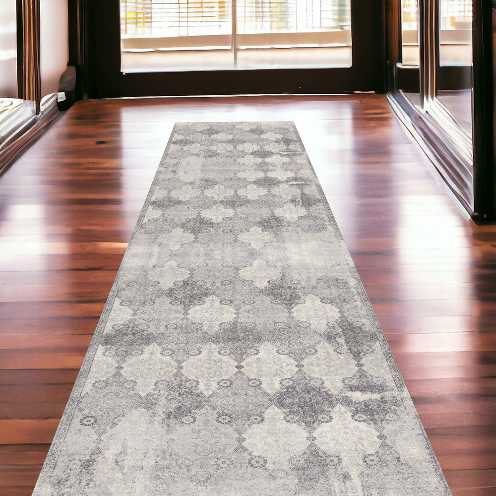 2' X 8' Gray Distressed Trellis Pattern Runner Rug