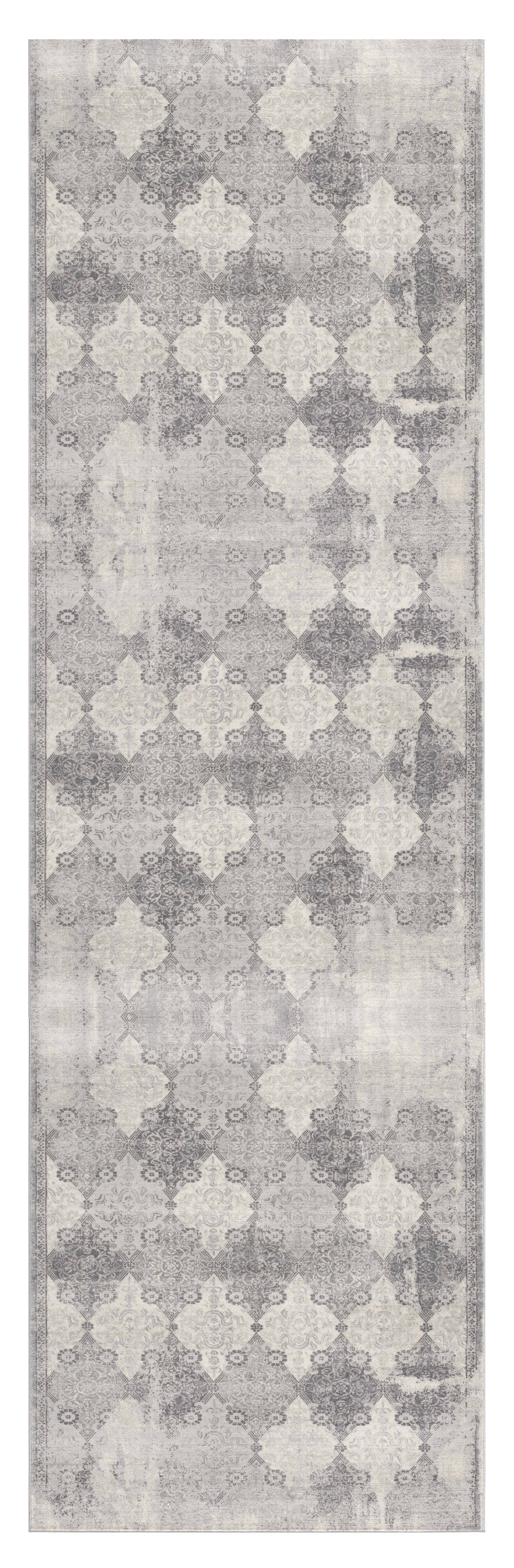 2' X 8' Gray Distressed Trellis Pattern Runner Rug