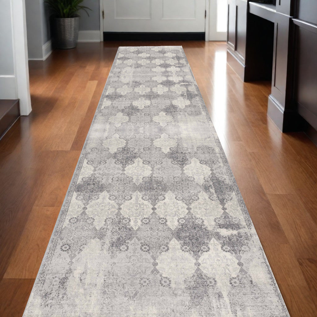 2' X 8' Gray Distressed Trellis Pattern Runner Rug