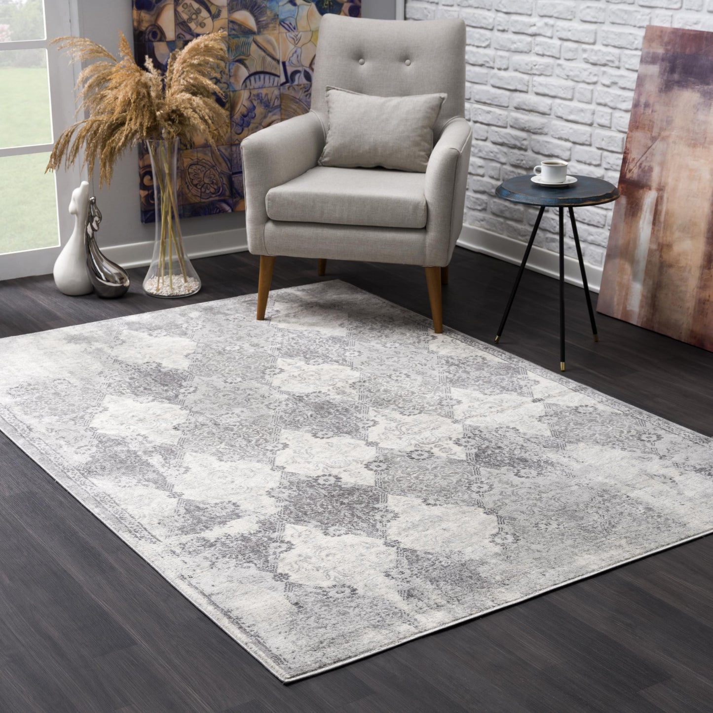 5' X 8' Gray Distressed Trellis Pattern Area Rug