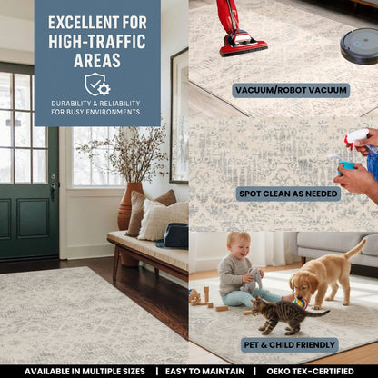 5' X 8' Ivory Distressed Ikat Pattern Area Rug