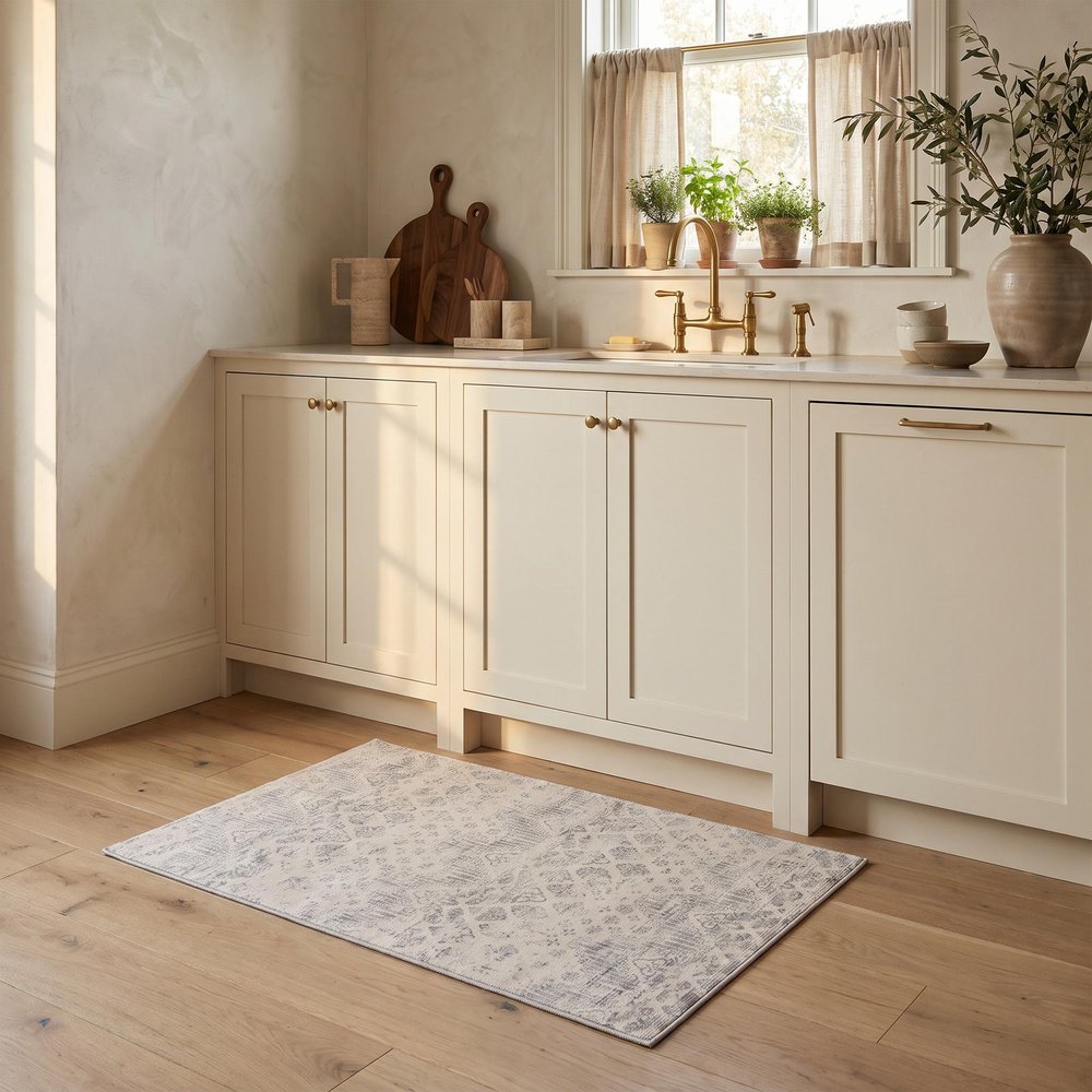 8' X 11' Ivory Distressed Ikat Pattern Area Rug