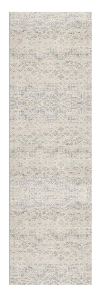 2' X 5' Ivory and Gray Ikat Power Loom Distressed Area Rug