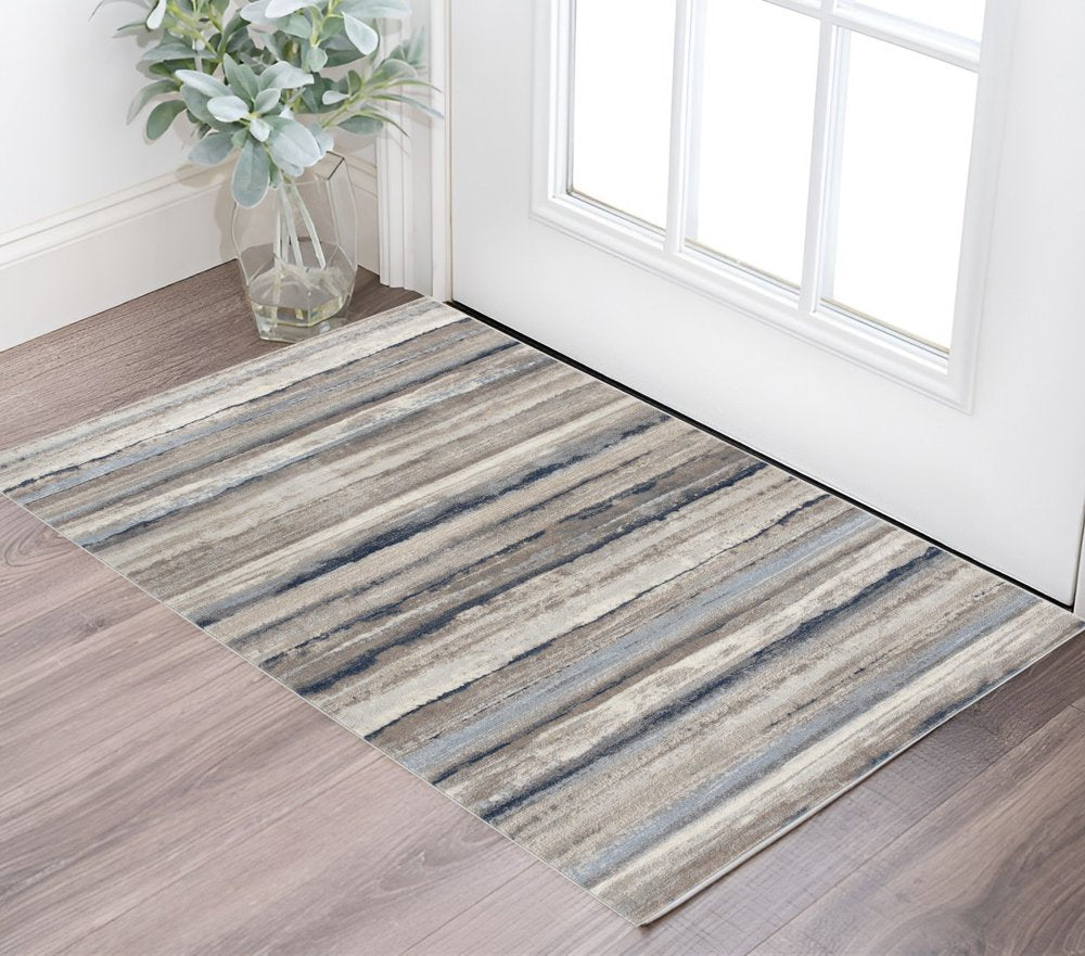8' X 11' Blue And Beige Distressed Stripes Area Rug