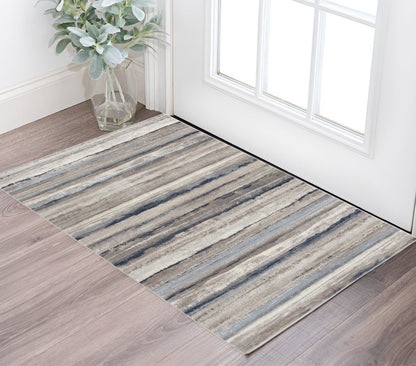 8' X 11' Blue And Beige Distressed Stripes Area Rug