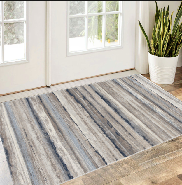 4' X 6' Blue And Beige Distressed Stripes Area Rug